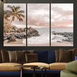 18005328-MGV-CV-36X24-Tropical Beach Wall Art – Coastal Ocean Canvas Print with Palm Tree, Sunset Sky and Rocky Shore, Serene Seascape Photography for
