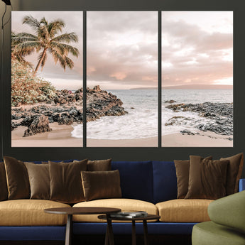 18005328-MGV-CV-36X24-Tropical Beach Wall Art – Coastal Ocean Canvas Print with Palm Tree, Sunset Sky and Rocky Shore, Serene Seascape Photography for