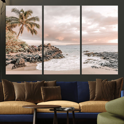 18005328-MGV-CV-36X24-Tropical Beach Wall Art – Coastal Ocean Canvas Print with Palm Tree, Sunset Sky and Rocky Shore, Serene Seascape Photography for