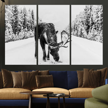 38956835-MGV-CV-36X24-Moose Wall Art – Black and White Wildlife Canvas Print with Snowy Forest Road, Rustic Nature Photography for Cabin, Lodge, Living