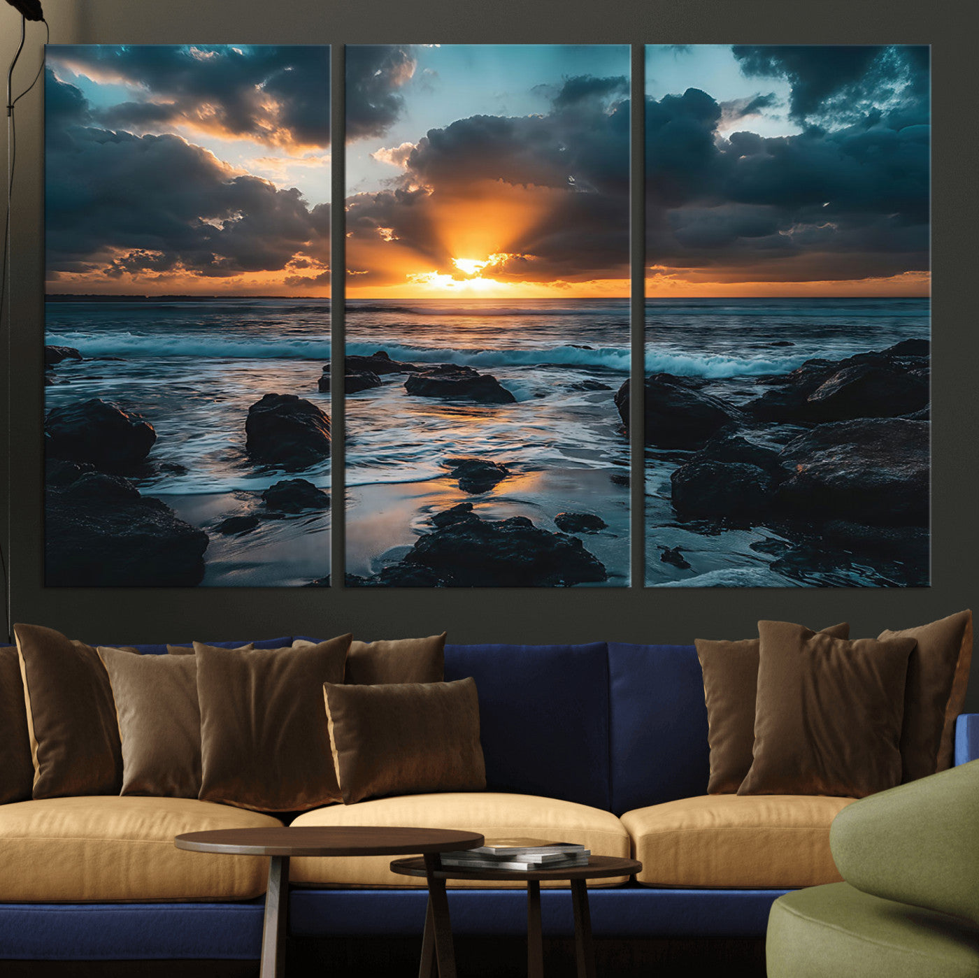 66040852-MGV-CV-36X24-Ocean Sunset Canvas Wall Art – Rocky Shore Waves, Dramatic Clouds, Golden Sun Rays, Coastal Nature, Serene Water Reflection for
