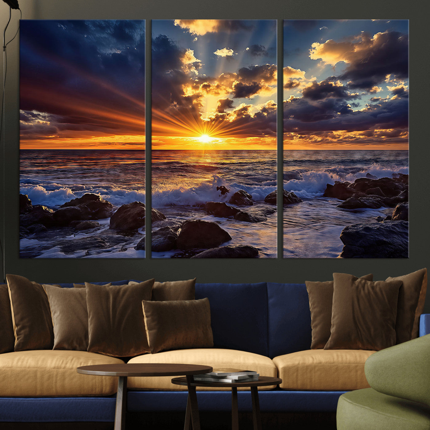 35900590-MGV-CV-36X24-Ocean Sunset Wall Art – Vivid Seascape Canvas Print with Sunburst Sky, Crashing Waves and Rocky Shore, Dramatic Coastal