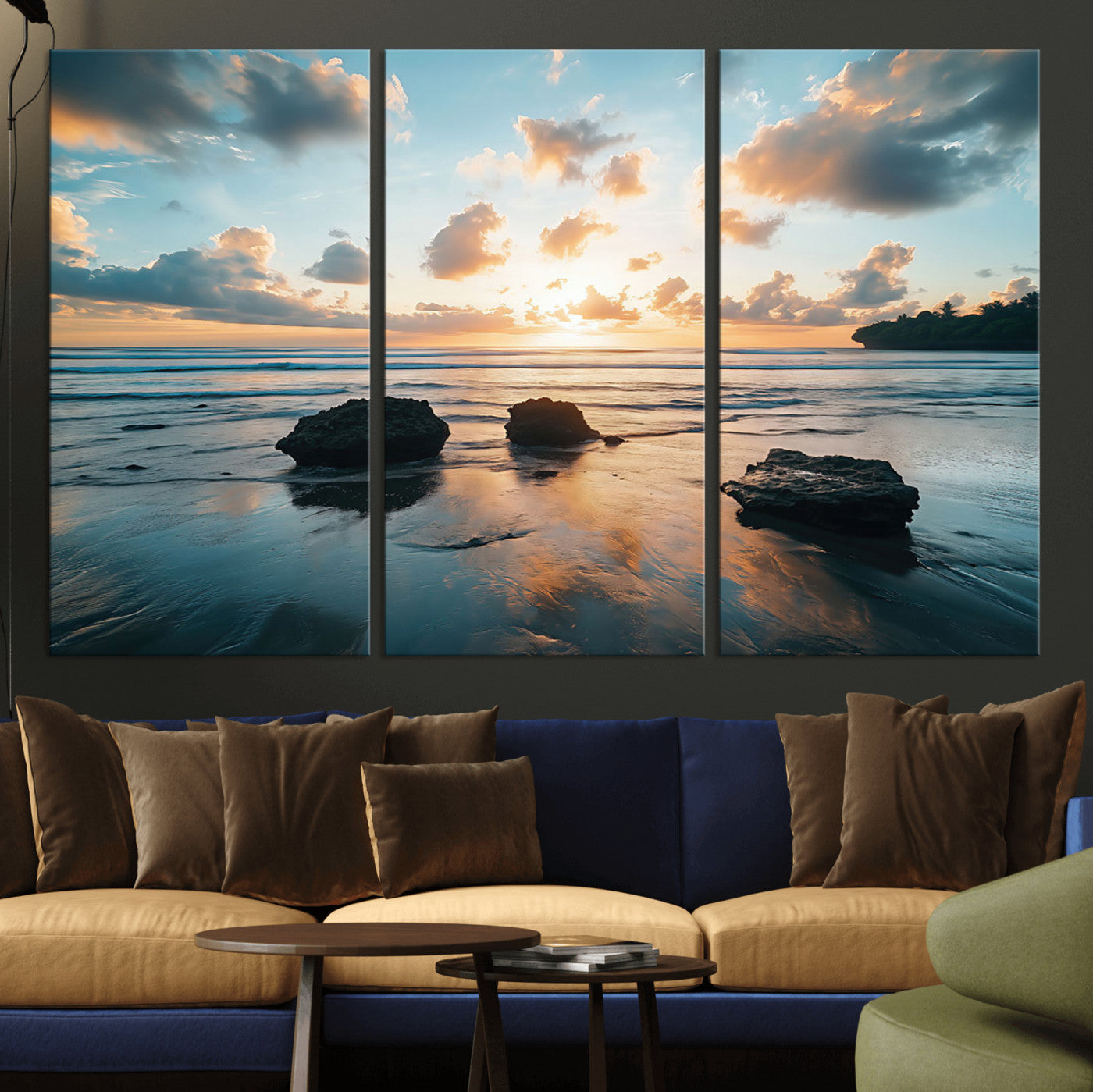 23879436-MGV-CV-36X24-Ocean Sunset Wall Art – Serene Seascape Canvas Print with Golden Sky, Reflections on Sand and Calm Waves, Peaceful Coastal