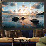 23879436-MGV-CV-36X24-Ocean Sunset Wall Art – Serene Seascape Canvas Print with Golden Sky, Reflections on Sand and Calm Waves, Peaceful Coastal
