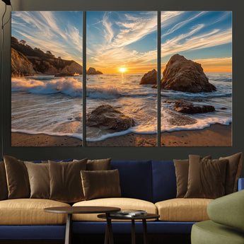 85659923-MGV-CV-36X24-Ocean Sunset Wall Art – Dramatic Seascape Canvas Print with Cliffs, Crashing Waves and Golden Sky, Bold Coastal Photography for