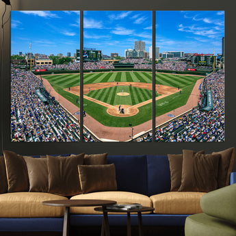 56213978-MGV-CV-36X24-Wrigley Field Baseball Stadium Canvas Wall Art – Packed Crowd Sports Stadium Print, City Skyline Baseball Field Canvas for Game