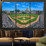 56213978-MGV-CV-36X24-Baseball Stadium Wall Art – Panoramic Ballpark Canvas Print with Fans, Green Field and City Skyline, Classic Sports Photography