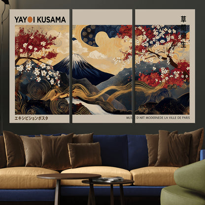 66892669-MGV-CV-36X24-Yayoi Kusama Japanese Inspired Canvas Print – Mt. Fuji & Floral Scene Wall Art, Framed Asian Style Canvas for Home, Office or