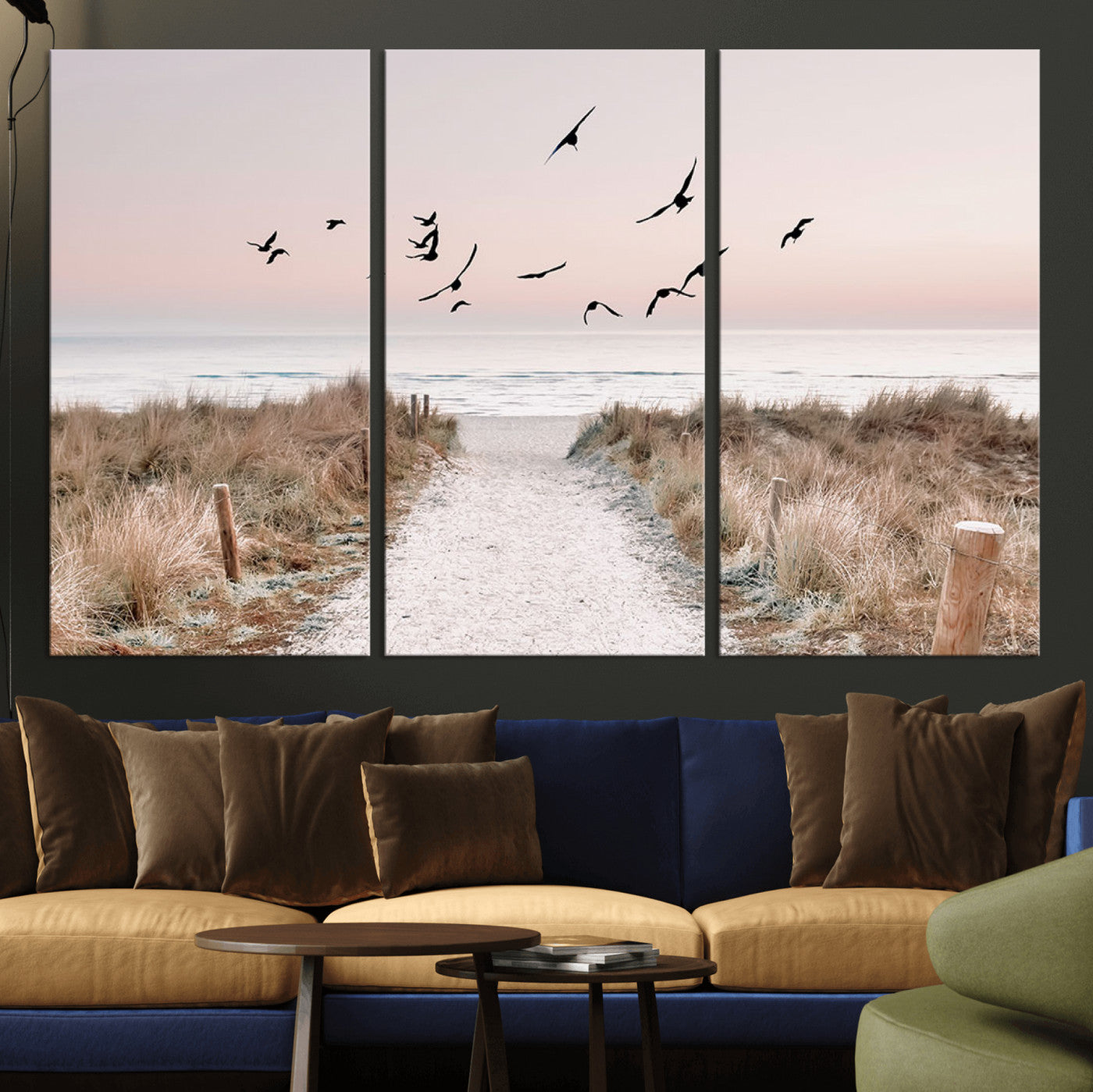 34632598-MGV-CV-48X32-3P-Beach Pathway Wall Art – Coastal Canvas Print with Sandy Trail, Flying Birds and Pastel Sky, Serene Ocean Landscape Photography