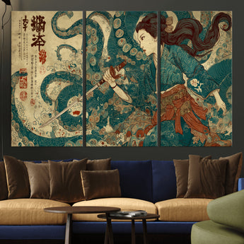 46837670-MGV-CV-36X24-Tsukioka Yoshitoshi Samurai Wall Art Print, Japanese Katana Warrior Canvas Wall Art, Octopus Sea Monster Canvas Print,