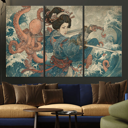 52037775-MGV-CV-36X24-Samurai Woman Wall Art – Japanese Ukiyo e Style Canvas Print with Katana, Ocean Waves and Octopus, Traditional Asian Inspired