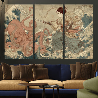 54879547-MGV-CV-36X24-Samurai Woman Wall Art – Japanese Ukiyo-e Style Canvas Print with Katana and Octopus, Traditional Asian Inspired Battle Artwork