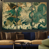 24416422-MGV-CV-36X24-Tsukioka Yoshitoshi Samurai Wall Art Print, Japanese Katana Warrior Canvas Wall Art, Octopus Sea Monster Canvas Print,