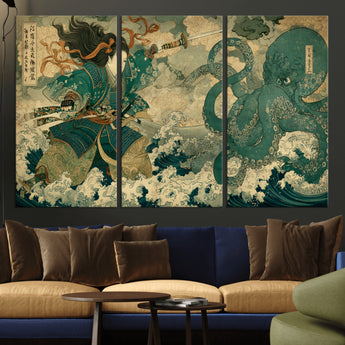 24416422-MGV-CV-36X24-Tsukioka Yoshitoshi Samurai Wall Art Print, Japanese Katana Warrior Canvas Wall Art, Octopus Sea Monster Canvas Print,