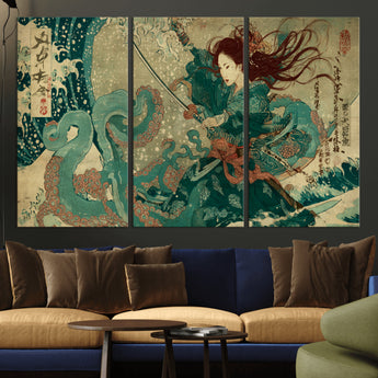 86918027-MGV-CV-36X24-Tsukioka Yoshitoshi Samurai Wall Art Print, Japanese Katana Warrior Canvas Wall Art, Octopus Sea Monster Canvas Print,
