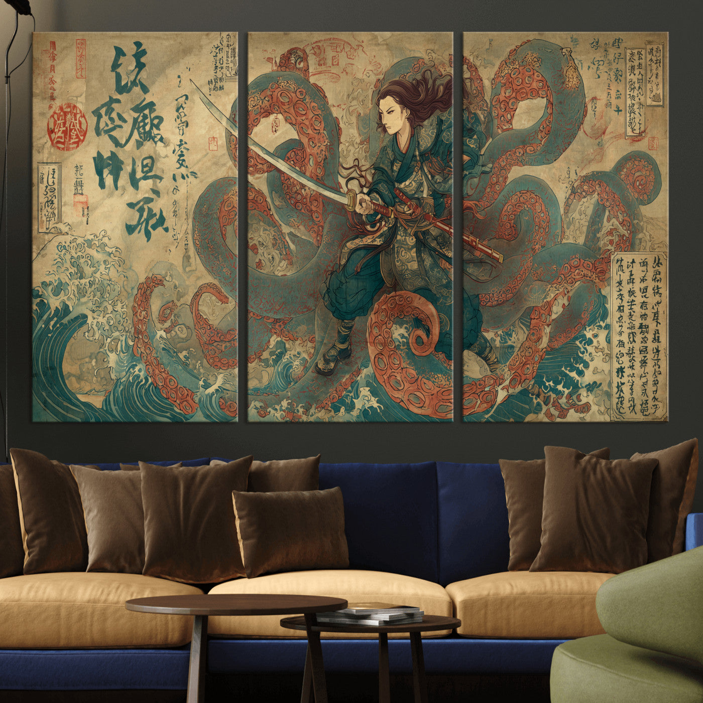 98593115-MGV-CV-36X24-Samurai Warrior vs Octopus Wall Art – Japanese Ukiyo-e Calligraphy Canvas Print, Ocean Battle Scene Artwork for Living Room,