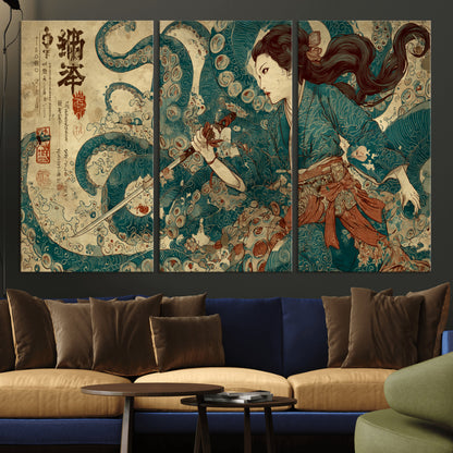 18575670-MGV-CV-36X24-Tsukioka Yoshitoshi Samurai Wall Art Print, Japanese Katana Warrior Canvas Wall Art, Octopus Sea Monster Canvas Print,