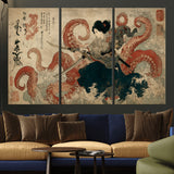 50812504-MGV-CV-36X24-Samurai Woman vs Octopus Wall Art – Japanese Ukiyo-e Red Tentacle Canvas Print, Ocean Battle Artwork for Living Room, Office, Man
