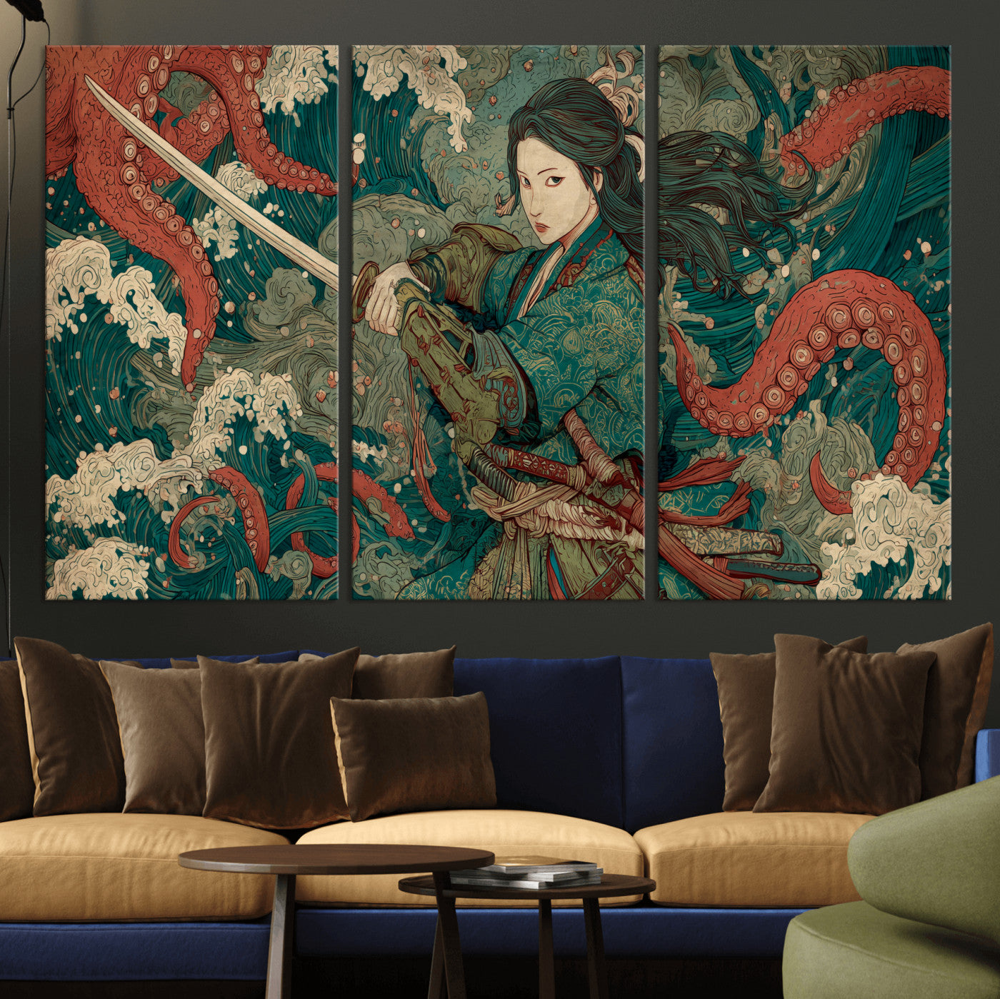 35461724-MGV-CV-36X24-Samurai Woman vs Octopus Wall Art – Japanese Ukiyo-e Ocean Waves Canvas Print, Red Tentacle Battle Artwork for Living Room,
