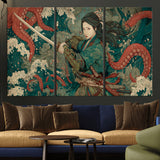 35461724-MGV-CV-36X24-Samurai Woman vs Octopus Wall Art – Japanese Ukiyo-e Ocean Waves Canvas Print, Red Tentacle Battle Artwork for Living Room,