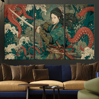 35461724-MGV-CV-36X24-Samurai Woman vs Octopus Wall Art – Japanese Ukiyo-e Ocean Waves Canvas Print, Red Tentacle Battle Artwork for Living Room,