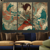 63377977-MGV-CV-36X24-Tsukioka Yoshitoshi Samurai Wall Art Print, Japanese Katana Warrior Canvas Wall Art, Octopus Sea Monster Canvas Print,