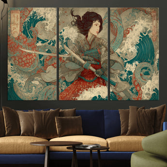 63377977-MGV-CV-36X24-Tsukioka Yoshitoshi Samurai Wall Art Print, Japanese Katana Warrior Canvas Wall Art, Octopus Sea Monster Canvas Print,