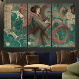 91666601-MGV-CV-36X24-Samurai Woman vs Octopus Wall Art – Japanese Ukiyo-e Green Robe Canvas Print, Ocean Battle Artwork for Living Room, Office, Man