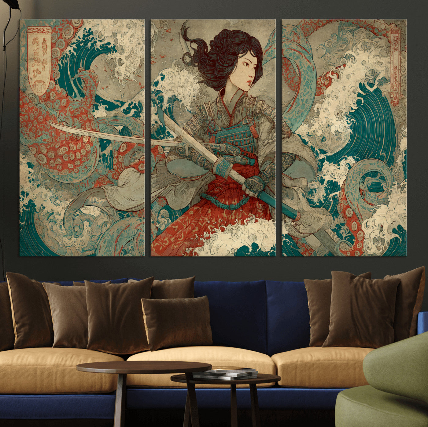 37797255-MGV-CV-36X24-Samurai Woman vs Octopus Wall Art – Japanese Ukiyo-e Red Armor Ocean Battle Canvas Print, Warrior Artwork for Living Room, Office,