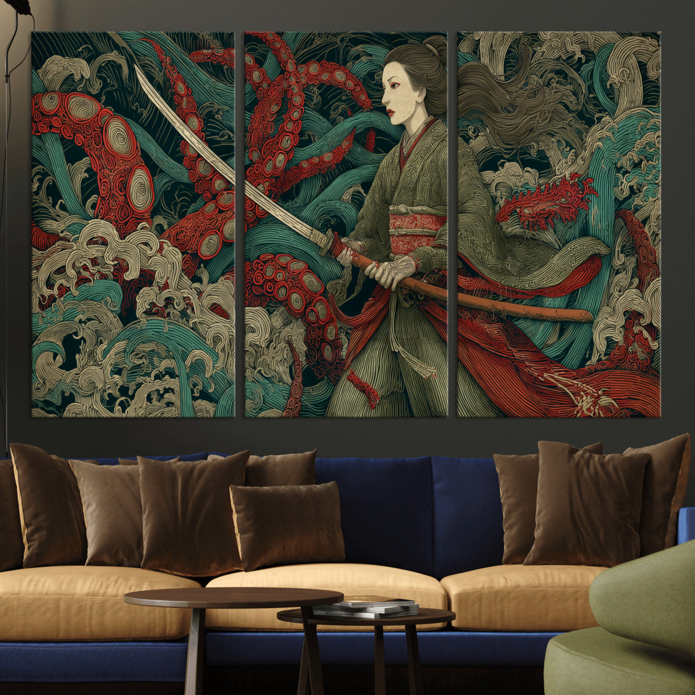 18902796-MGV-CV-36X24-Samurai Woman vs Octopus Wall Art – Japanese Ukiyo-e Green Kimono Canvas Print, Ocean Battle Scene Artwork for Living Room,