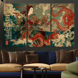 60201267-MGV-CV-48X32-3P-Samurai Woman vs Octopus Wall Art – Japanese Ukiyo-e Armor Canvas Print, Red Tentacle Ocean Battle Artwork for Living Room,