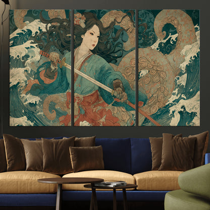 79740258-MGV-CV-36X24-Tsukioka Yoshitoshi Samurai Wall Art Print, Japanese Katana Warrior Canvas Wall Art, Octopus Sea Monster Canvas Print,