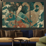 79740258-MGV-CV-36X24-Samurai Woman vs Octopus Wall Art – Japanese Ukiyo-e Blue Kimono Canvas Print, Ocean Battle Artwork for Living Room, Office, Man