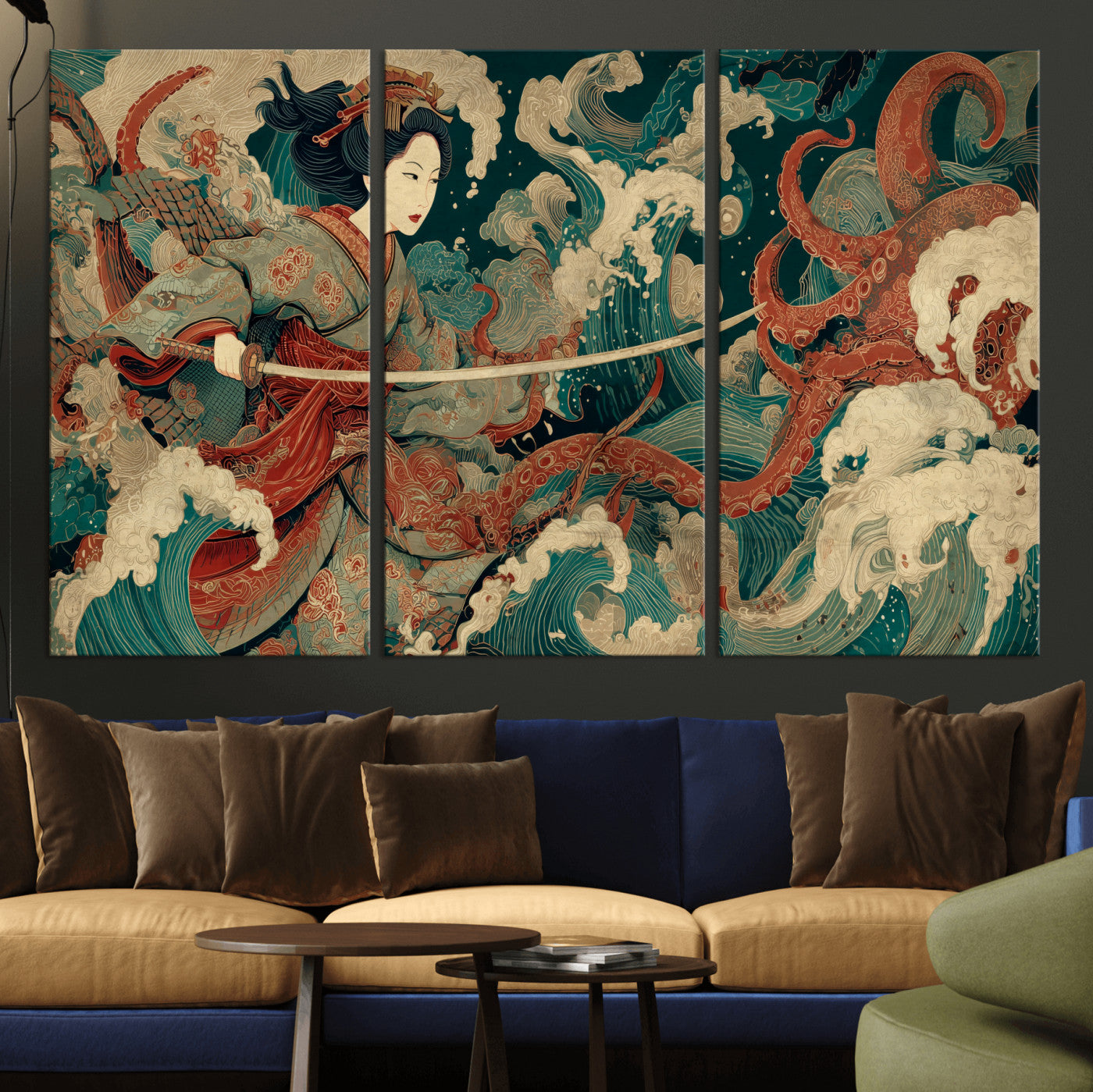 30212982-MGV-CV-36X24-Samurai Woman vs Octopus Wall Art – Japanese Ukiyo-e Style Warrior and Sea Monster Canvas Print, Mythology Inspired Artwork for