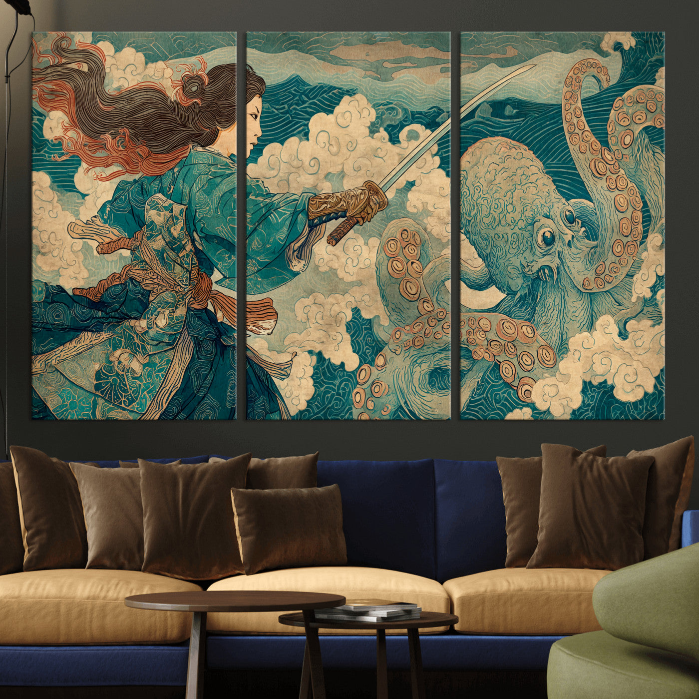 99764195-MGV-CV-36X24-Samurai vs Octopus Wall Art – Japanese Ukiyo-e Style Warrior and Sea Monster Canvas Print, Mythology Inspired Artwork for Living