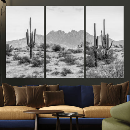 97436PHN-MGV-CV-36X24-Desert Landscape Wall Art – Black and White Cactus and Mountain Canvas Print, Southwestern Nature Photography for Living Room,