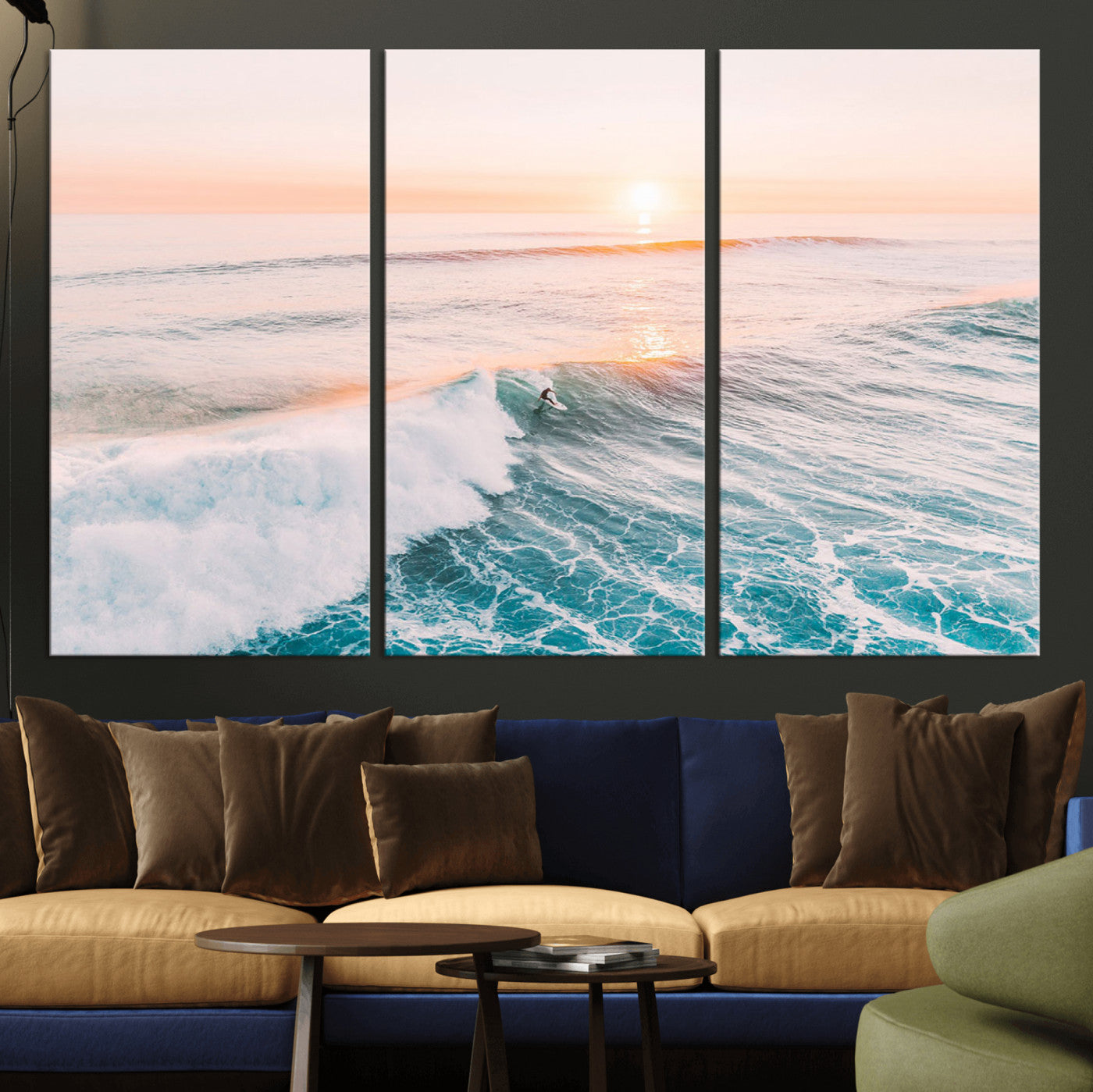 34064591-MGV-CV-48X32-3P-Surfing Wall Art – Sunset Ocean Wave Canvas Print, Surfer Riding Sea Photography Decor for Bedroom, Living Room, Office, Coastal