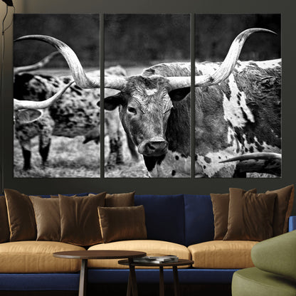 15425553-MGV-CV-36X24-Western Wall Art – Longhorn Cattle Black and White Canvas Print, Rustic Ranch Photography Decor for Bedroom, Living Room, Office,