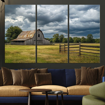 39409517-MGV-CV-48X32-3P-Rustic Barn Wall Art – Weathered Farmhouse and Storm Clouds Canvas Print, Country Landscape Photography Decor for Bedroom, Living