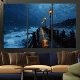 48300530-MGV-CV-36X24-Dark Stormy Pier Canvas Wall Art – Moody Ocean Night Scene with Street Lamps, Blue Coastal Seascape Print for Bedroom, Office, or