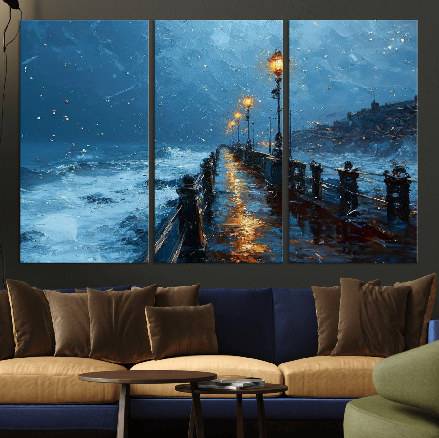 93793246-MGV-CV-36X24-Stormy Night Pier Canvas Wall Art – Moody Ocean Landscape with Lights, Blue Coastal Seascape Print for Bedroom, Living Room,