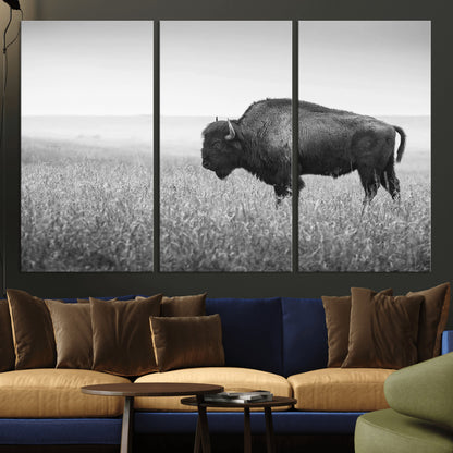 90861202-MGV-CV-36X24-Black and White Bison Canvas Wall Art – Rustic American Buffalo Print, Western Wildlife Photography for Farmhouse, Cabin, Office