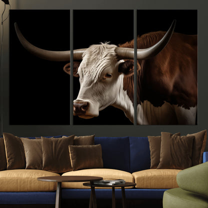 27414857-MGV-CV-36X24-Longhorn Bull Wall Art – Dramatic Western Steer Portrait Canvas Print, Rustic Farmhouse Animal Decor for Living Room, Office, or