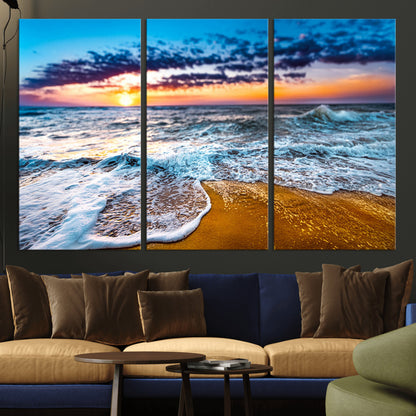 24077769-MGV-CV-36X24-Sunset Beach Wall Art – Ocean Waves Canvas Print, Golden Shoreline Photography Coastal Decor for Living Room, Bedroom, Office,