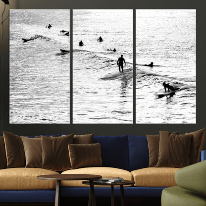 68018616-MGV-CV-36X24-Black and White Surf Photography Print – Minimalist Ocean Wall Art, Surfers Riding Waves, Coastal Beach Decor for Modern Home or