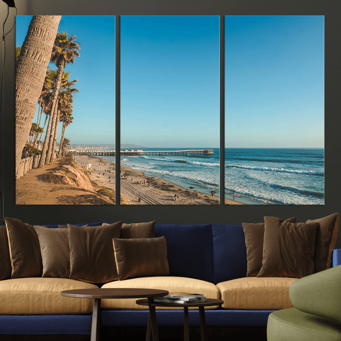 92568259-MGV-CV-36X24-California Beach Wall Art – Palm Tree Pier Canvas Print, Coastal Ocean Photography Seaside Decor for Living Room, Bedroom, Office,