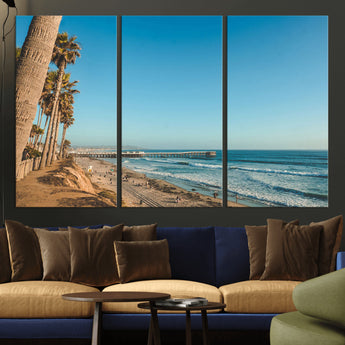 92568259-MGV-CV-36X24-California Beach Wall Art – Palm Tree Pier Canvas Print, Coastal Ocean Photography Seaside Decor for Living Room, Bedroom, Office,