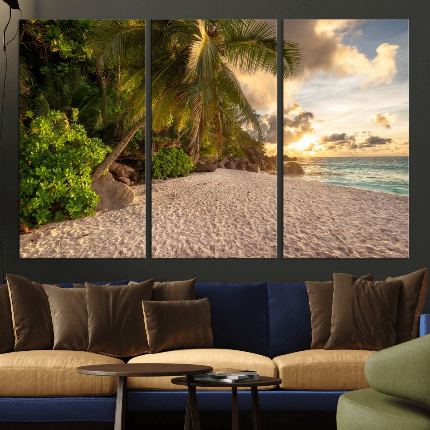 89531159-MGV-CV-36X24-Tropical Beach Sunset Canvas Wall Art – Palm Trees Golden Sand Ocean Waves Coastal Paradise Print for Beach House Bedroom Bathroom