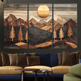 90044381-MGV-CV-48X32-3P-Rustic Wall Art – Wooden Mountain Landscape with Sun and Pine Trees, Handcrafted Nature Canvas Style Decor for Bedroom, Living