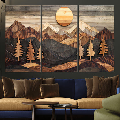 90044381-MGV-CV-48X32-3P-Rustic Wall Art – Wooden Mountain Landscape with Sun and Pine Trees, Handcrafted Nature Canvas Style Decor for Bedroom, Living